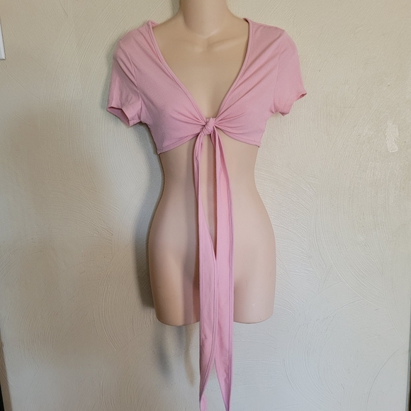 SHEIN Pink Tie Front Solid Rib-Knit Crop Top Size Women's Small 4 - Picture 4 of 10